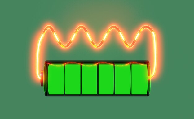 사진 3d 배터리 충전 지표와 녹색 배경 배터리 단회로 개념 3d 렌더 일러스트레이션