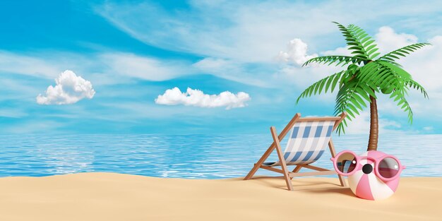 3d beach chair with palm tree seaside ball sunglasses cloud isolated on blue sky background summer travel concept 3d render illustration