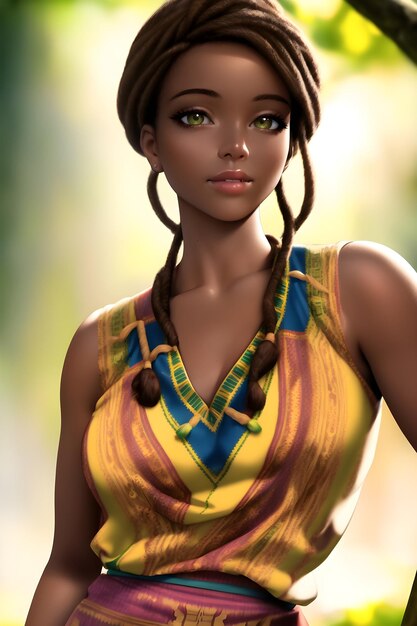 애니메이션 스타일의 디지털 페인팅 삽화로 다시키 드레스를 입은 3D 아름다운 아프리카 여성