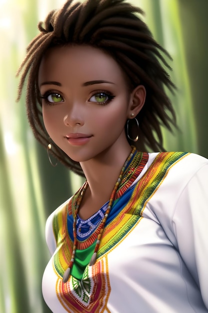 3D Beautiful african woman in a dashiki dress in anime style digital painting illustration