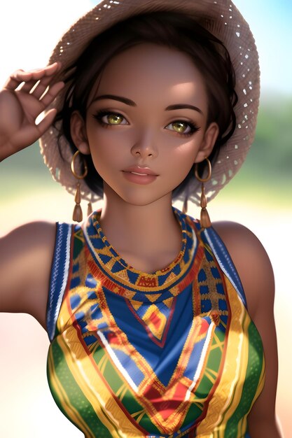 3D Beautiful african woman in a dashiki dress and hat in anime style digital painting illustration