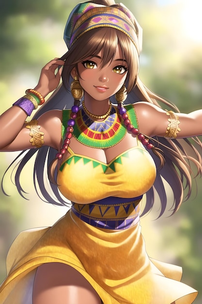 3D Beautiful african woman in a dashiki dress and head wrap in anime style digital painting illustration