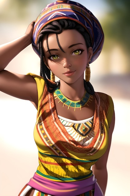 다시키 드레스를 입은 3D 아름다운 아프리카 여성과 애니메이션 스타일의 디지털 그림 삽화로 머리를 감싸고 있습니다.