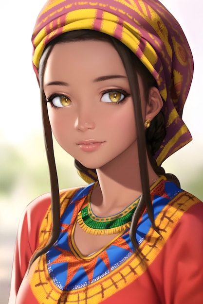 3D Beautiful african woman in a dashiki dress and head wrap in anime style digital painting illustration