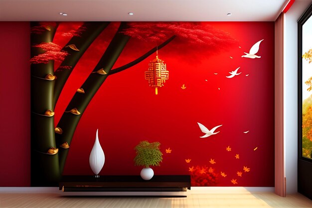 Фото 3d красивая листва тропического китайского бамбука с пятнистой тенью листьев солнечного света на красной стене