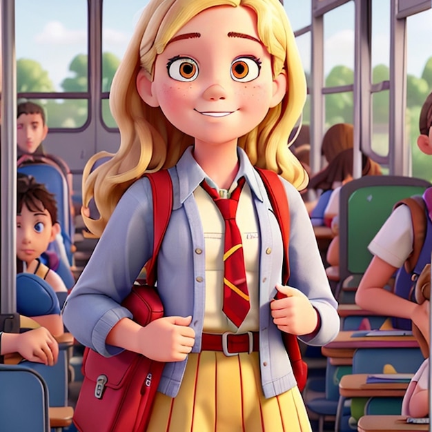 3D beautiful girl on the school bus