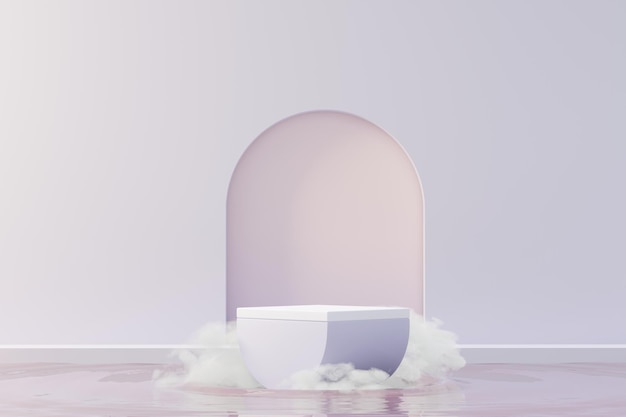 3D Beauty premium voetstuk product display met Dreaming land en pluizige wolk. Minimale pastelkleurige lucht en wolkenscène voor huidige productpromotie en schoonheidscosmetica. Romantiek land van dromen concept.