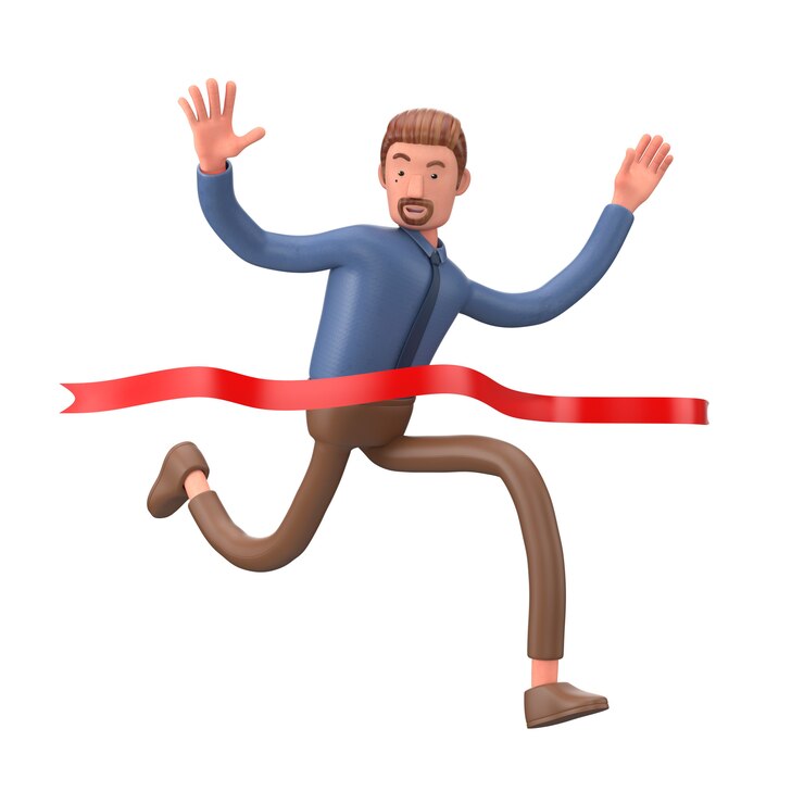 3d bedrijfsmens die de concurrentie wint. Succesvolle zakenman. 3d render.