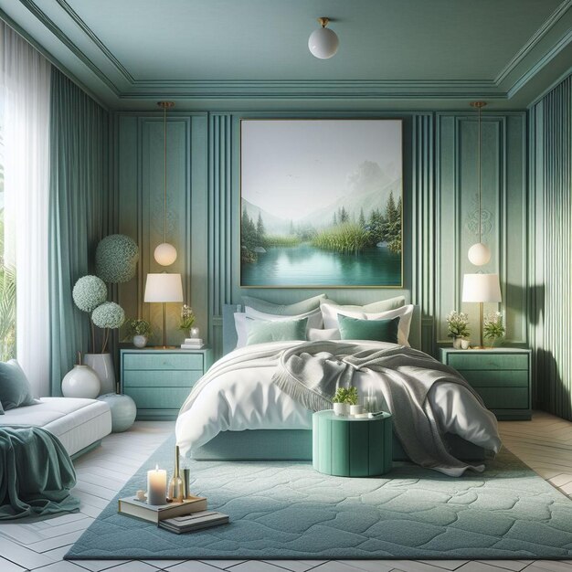 3D bedroom retreat immersed in the soothing hues of sea green AI generated