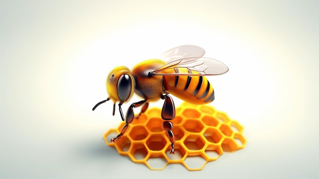 3d bee on honeycomb pixar simple white background bright generative ai