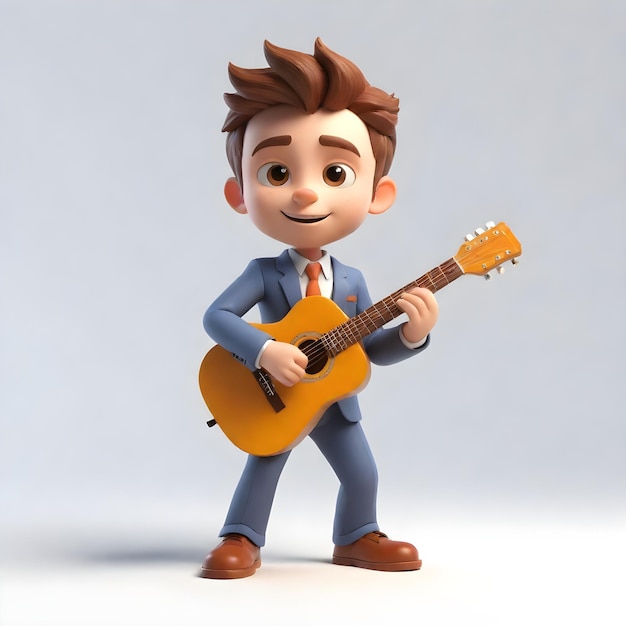 3D beeld schattig jong zakenman personage gitaar spelen op witte achtergrond