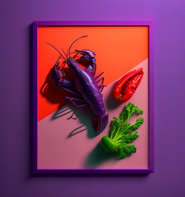 3D-beeld van een kleurrijke foto met rivierkreeft Paarse kreeft Rode garnaal en groene salade Violette achtergrond Close-up Generatieve AI