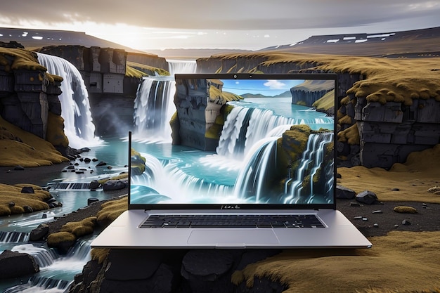 3D-beeld van een laptop in IJsland met een scherm op de 3D-waterval die uit de laptop ontstaat