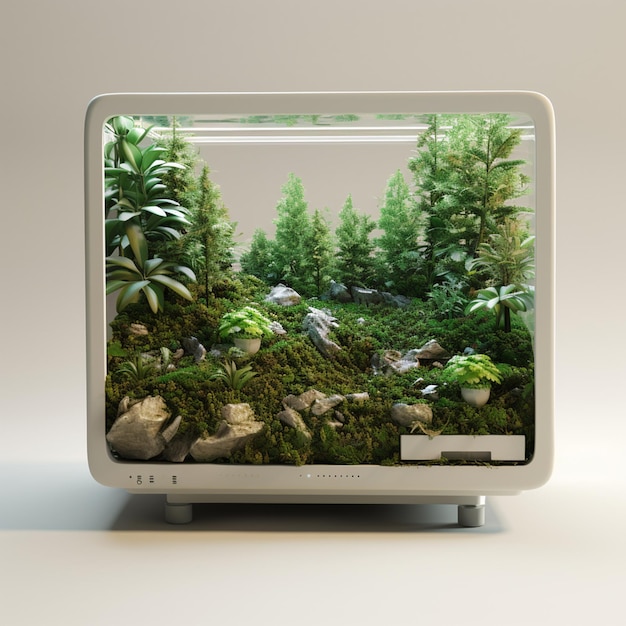 3D-beeld van een personal computer met vegetatie