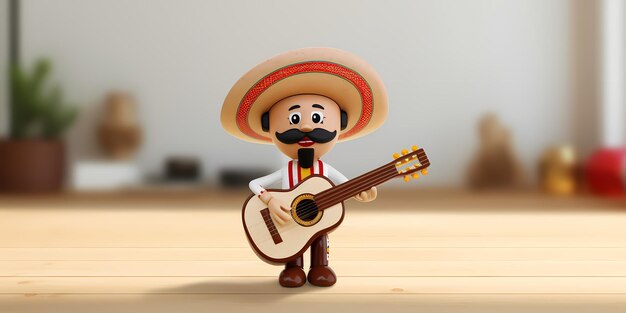 3D-beeld van een Spaans-Mexicaans personage op een houten tafel achtergrond