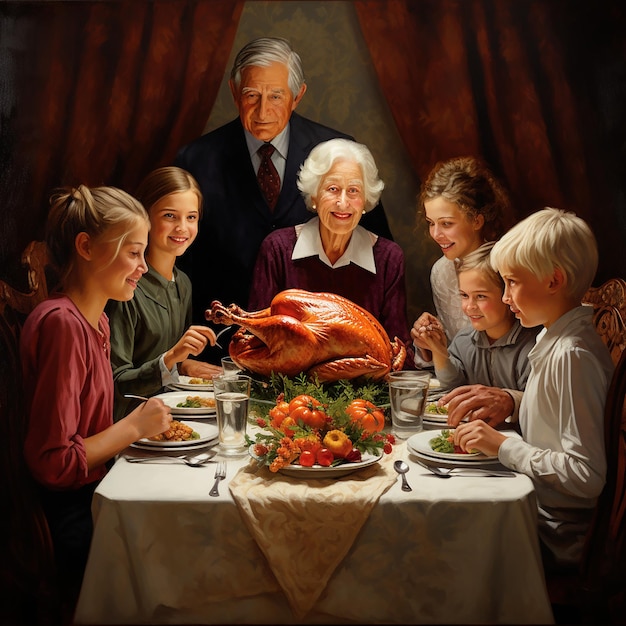 3D-beeld van het gezin aan de Thanksgiving-tafel