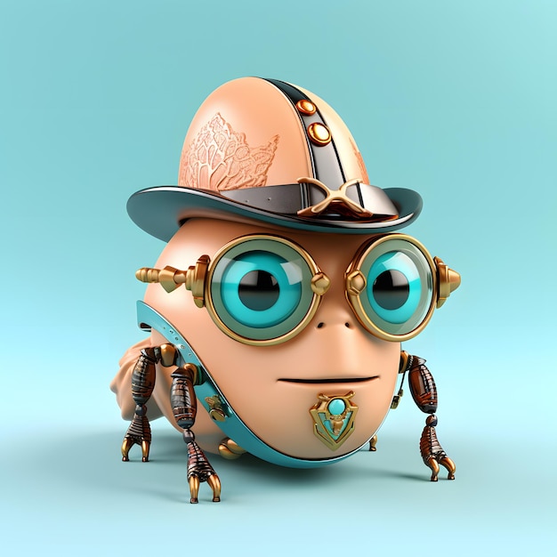 3d beetle cute cartoon in steampunk hat google glass