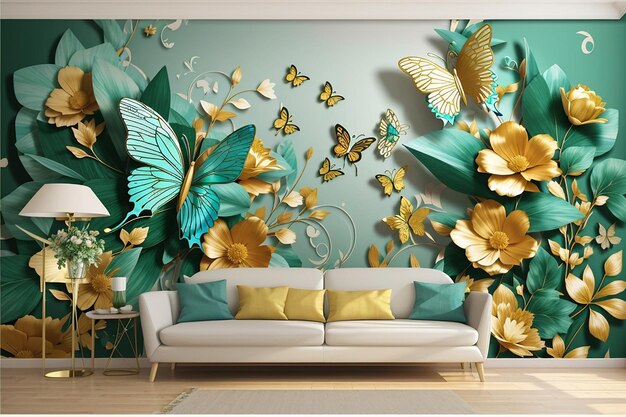 3d behang abstracte bloemrijke achtergrond met groene bloemen en gouden vlinder muurschildering voor het interieur van het huis