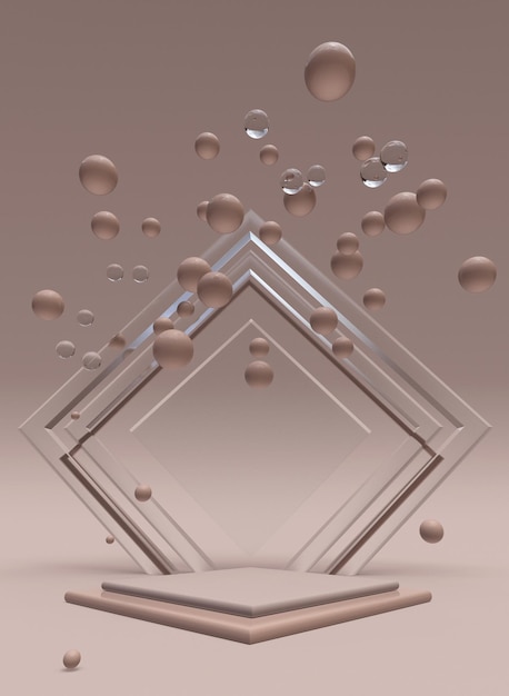 Photo 3d beige geometric composition with  podium and flying bubbles abstract vertical background