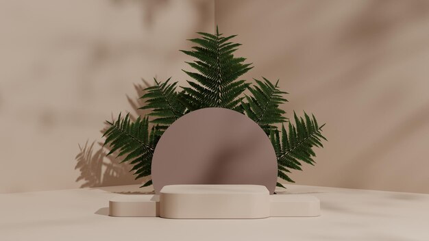 3D beige pedestal podium mockup with green leaf backdrop, Empty platform for beauty product showcase