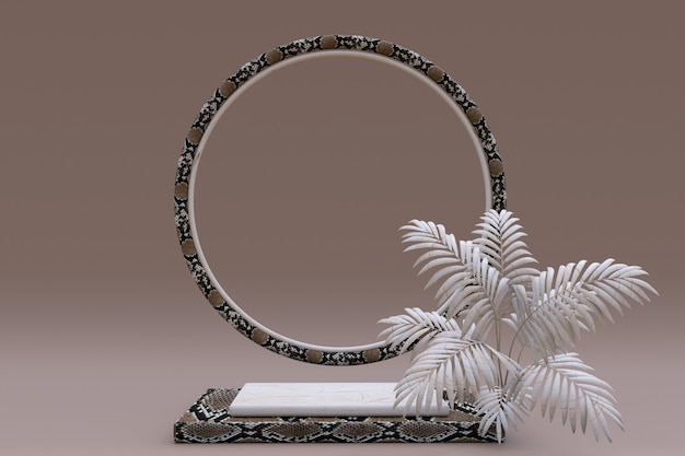 3D beige square podium with snakeskin or reptile pattern and circle frame Pedestal with palm