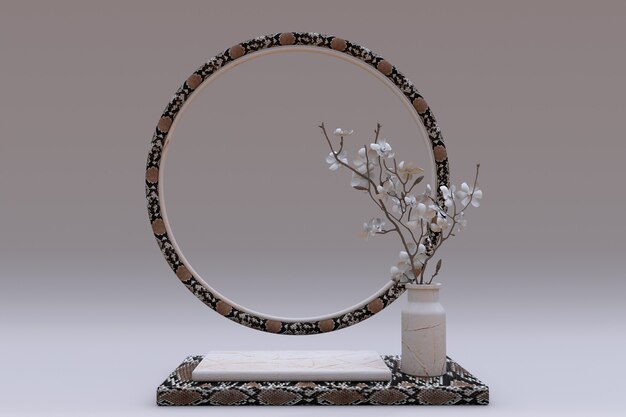 3D beige square podium with snakeskin reptile pattern and circle frame pedestal with vase  flowers