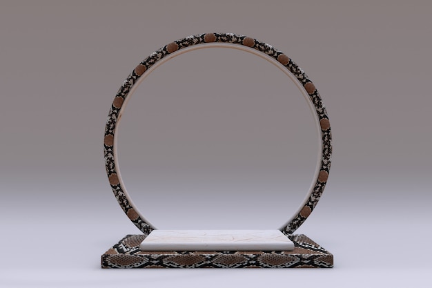 3D beige square podium with snakeskin or reptile pattern and circle frame