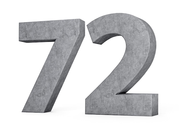 3d Beton nummer 72 72 cijfer gemaakt van grijze betonnen steen op witte achtergrond