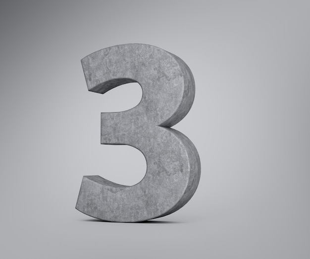 3d beton nummer drie 3 cijfers gemaakt van grijze betonnen steen op grijze achtergrond 3d illustratie