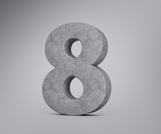 3d betonnen nummer acht 8 cijfers gemaakt van grijze betonnen steen op grijze achtergrond 3d illustratie