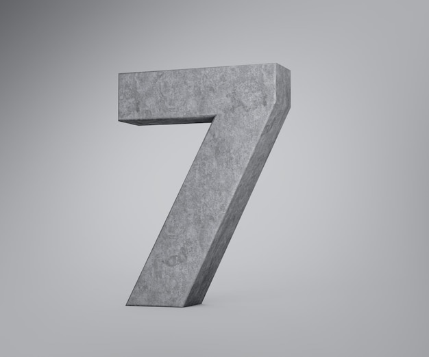 3d betonnen nummer zeven 7 cijfers gemaakt van grijze betonnen steen op grijze achtergrond 3d illustratie