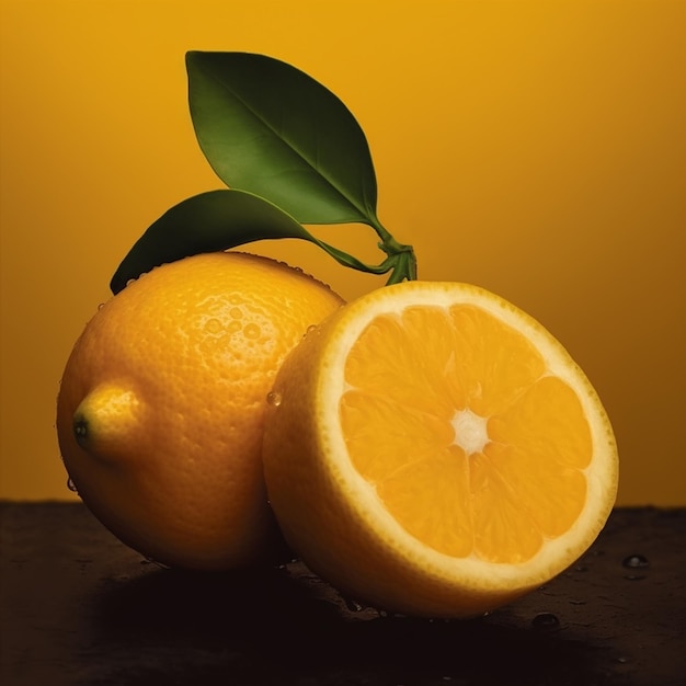 3D 크고 은 두 개의 절단 된 레몬 과일이 잎이 있는 가지에 있습니다.