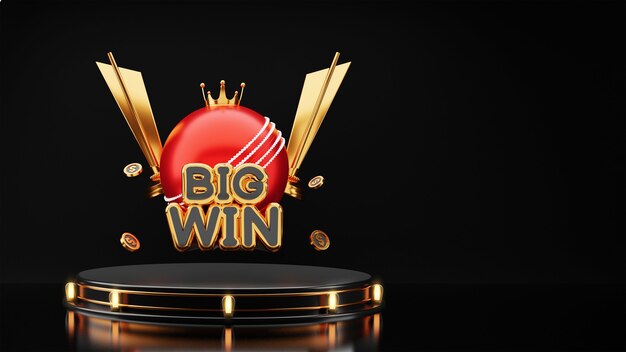 3d big win text with red cricket ball, golden crown, trophy\
cups and dollar coins on black background.