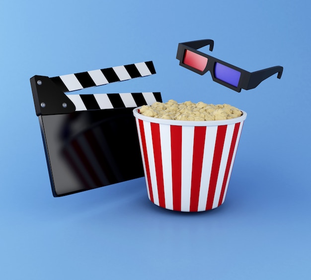 Foto 3d-bioscoop klepel bord, popcorn en 3d-bril.