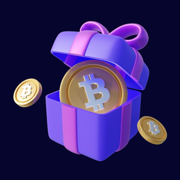 3D比特幣在禮物盒中隔離在黑暗背景上的比特幣加密貨幣 3D插圖