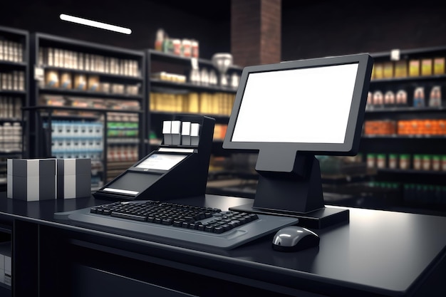 3D Black cash register with blank computer monitor screen AI generated