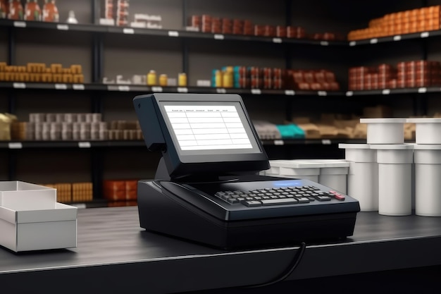 3D Black cash register with blank computer monitor screen AI