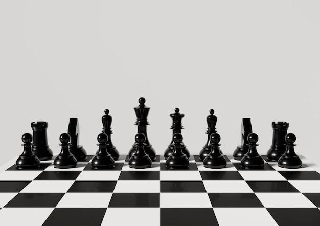 3d black chess pieces placed on the board Preparing for a chess game or match 3d render