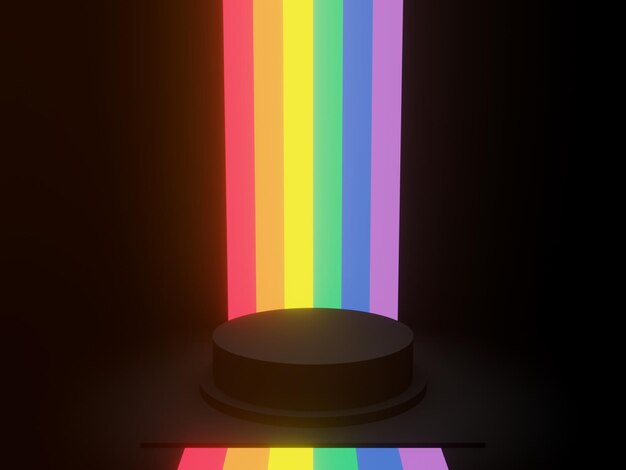 LGBTQ 무지개 네온 불빛이 있는 3D 검은색 디스플레이 연단