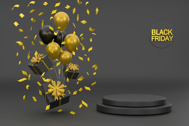 3D Black Friday-podium met linten van geschenkdozen en ballonnen zwarte achtergrond