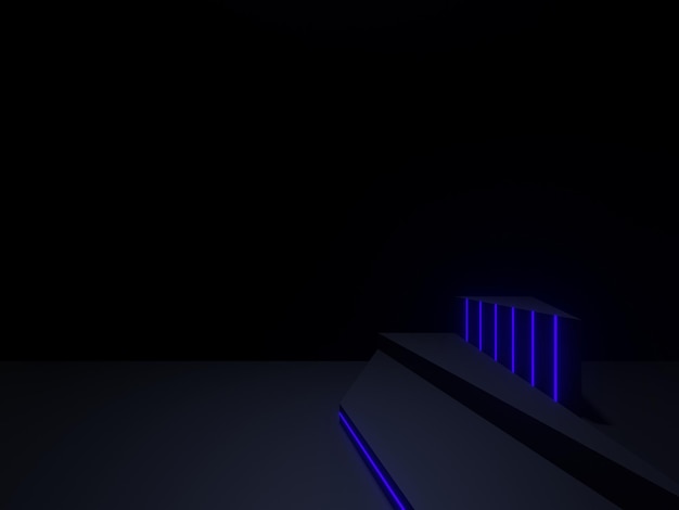 3D black geometric podium with blue neon lights