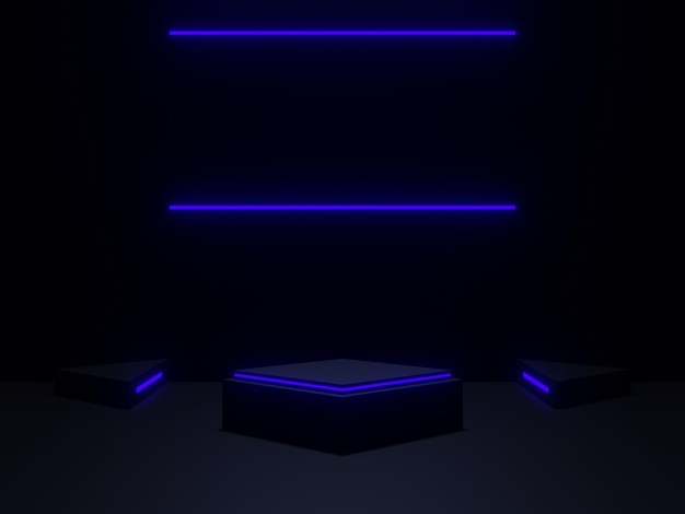 3D black geometric podium with blue neon lights