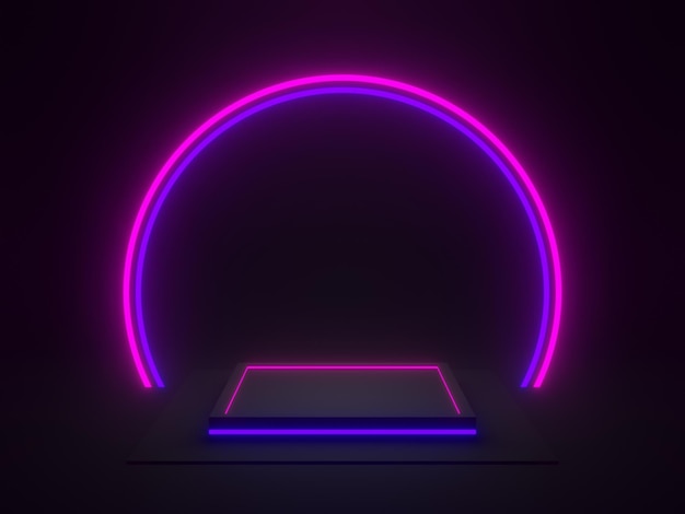 3D black geometric podium with blue and purple neon lights