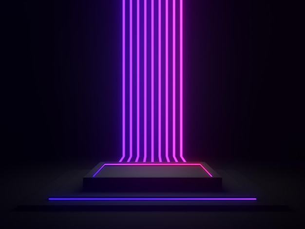 Podio geometrico nero 3d con luci al neon blu e viola