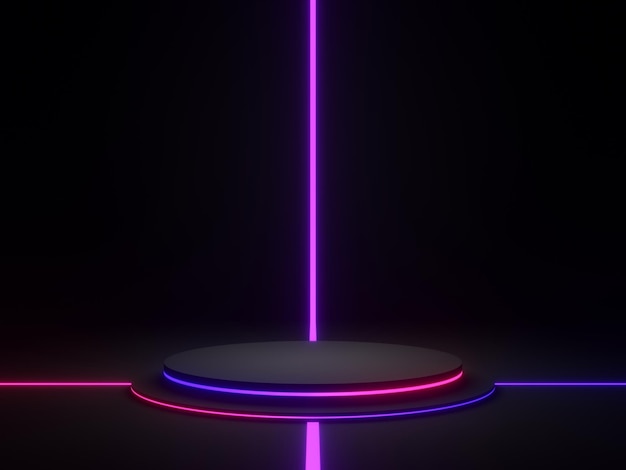 3D black geometric podium with blue and purple neon lights