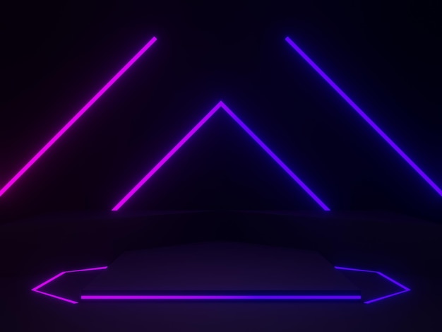 Podio geometrico nero 3d con luci al neon blu e viola