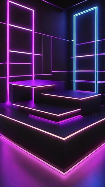 3d black geometric podium with blue and purple neon lights