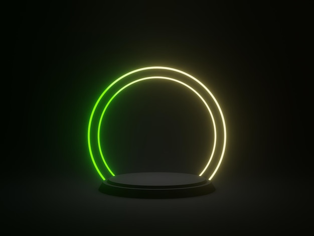 3D black geometric podium with gradient green and yellow neon lights