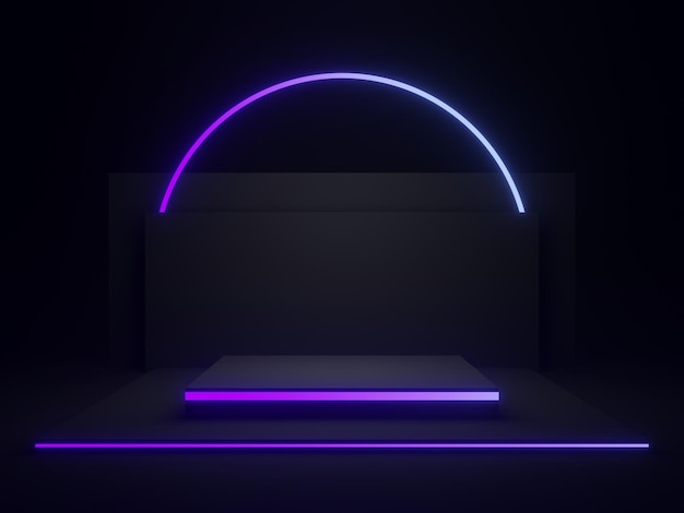 3D black geometric podium with gradient neon lights