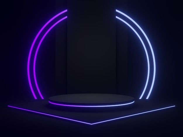 3D black geometric podium with gradient neon lights